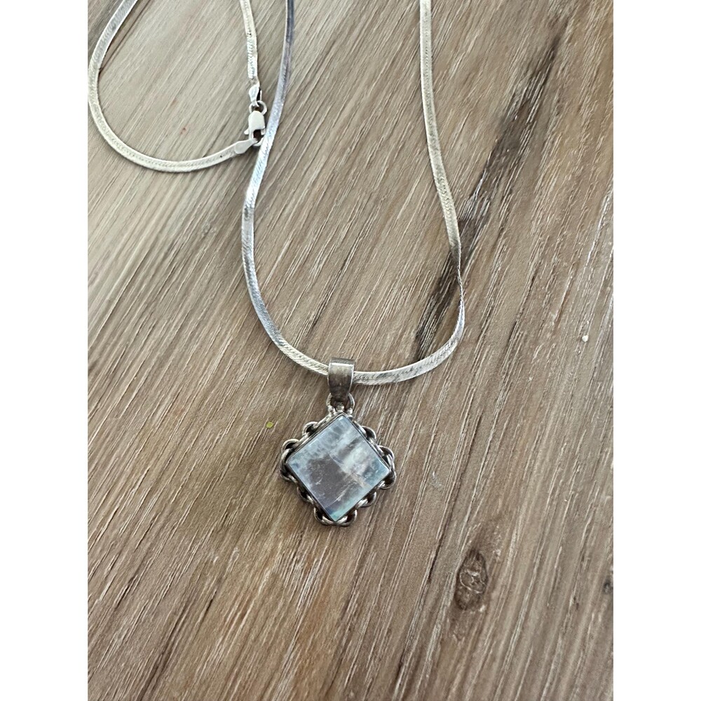 Vintage Moonstone/Silver Pendant on Herringbone Silver Chain